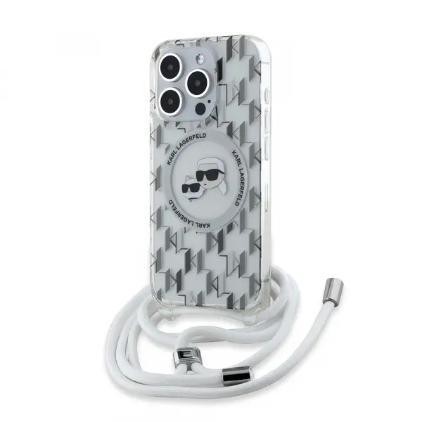 Husa MagSafe pentru Apple iPhone 15 Pro, Karl Lagerfeld, IML Crossbody Monogram Karl & Choupette's Heads, Transparenta