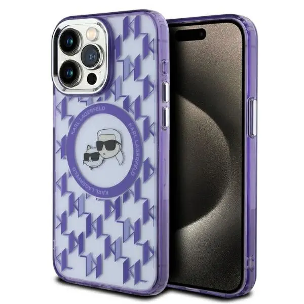 Husa MagSafe pentru Apple iPhone 15 Pro, Karl Lagerfeld, IML Monogram Karl & Choupette's Heads, Mov