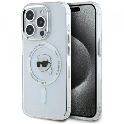 Husa MagSafe pentru Apple iPhone 15 Pro, Karl Lagerfeld, IML Metal Karl's Head, Alba
