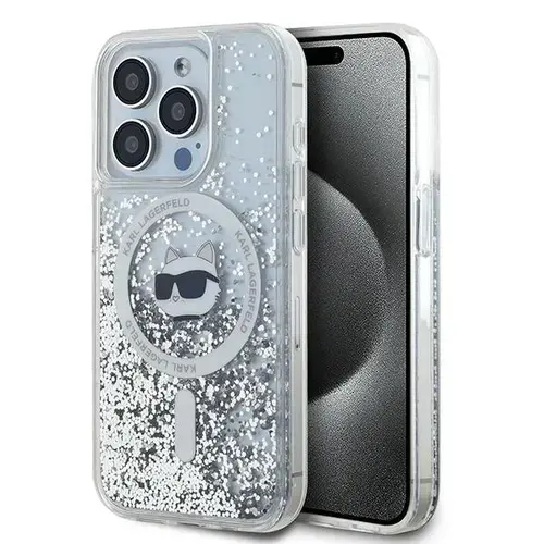 Husa MagSafe pentru Apple iPhone 15 Pro, Karl Lagerfeld, Liquid Glitter Choupette Head, Transparenta