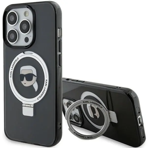 Husa MagSafe pentru Apple iPhone 15 Pro, Karl Lagerfeld, Ring Stand Karl's Head, Neagra