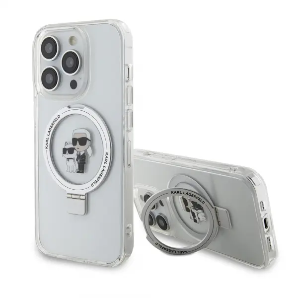 Husa MagSafe pentru Apple iPhone 15 Pro, Karl Lagerfeld, Ring Stand Karl & Choupette, Alba