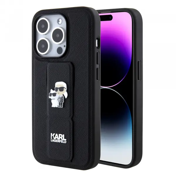 Husa MagSafe pentru Apple iPhone 15 Pro, Karl Lagerfeld, Saffiano Gripstand Karl & Choupette, Neagra