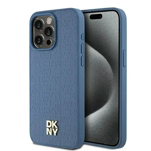 Husa MagSafe pentru Apple iPhone 15 Pro Max, DKNY, Monogram Pattern Metal Logo, Albastra