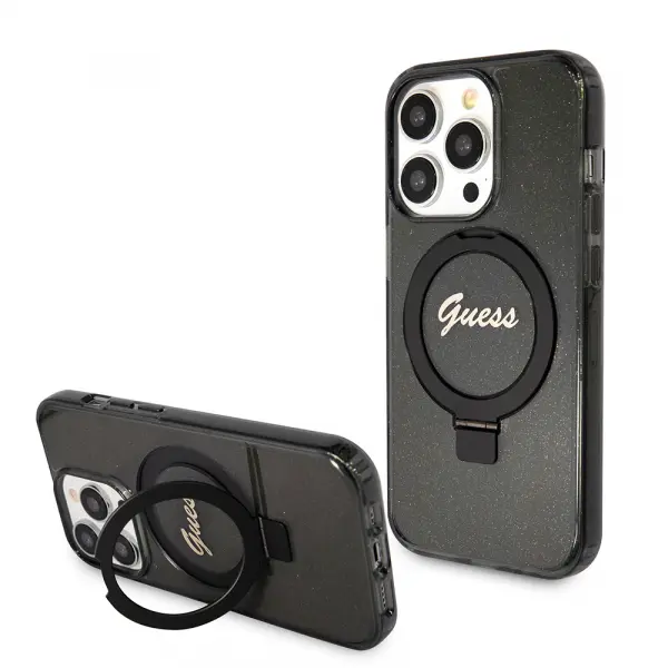 Husa MagSafe pentru Apple iPhone 15 Pro Max, Guess, IML Ring Stand Glitter, Neagra