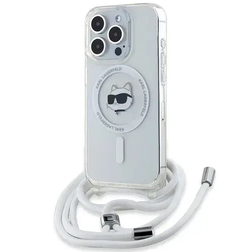 Husa MagSafe pentru Apple iPhone 15 Pro Max, Karl Lagerfeld, IML Crossbody Choupette's Head with Strap, Transparenta