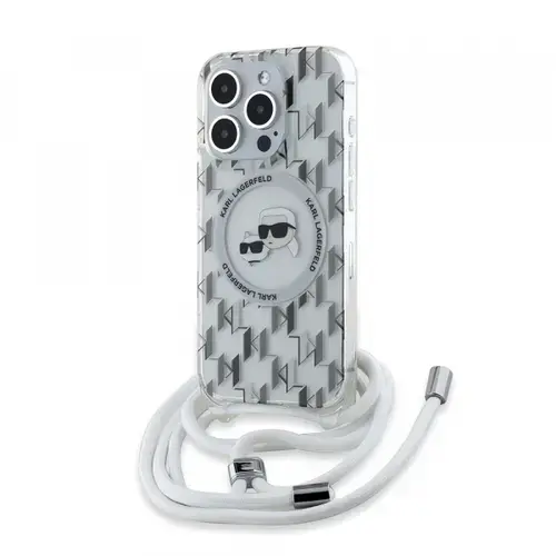 Husa MagSafe pentru Apple iPhone 15 Pro Max, Karl Lagerfeld, IML Crossbody Monogram Karl & Choupette's Heads, Transparenta