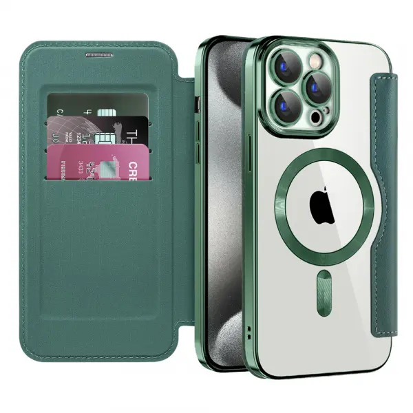 Husa MagSafe pentru Apple iPhone 15 Pro Max, Techsuit, SmartMag Book, Verde