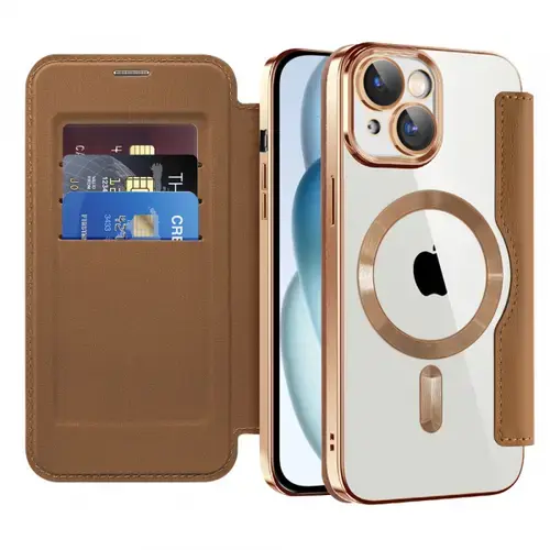 Husa MagSafe pentru Apple iPhone 15, Techsuit, SmartMag Book, Maro