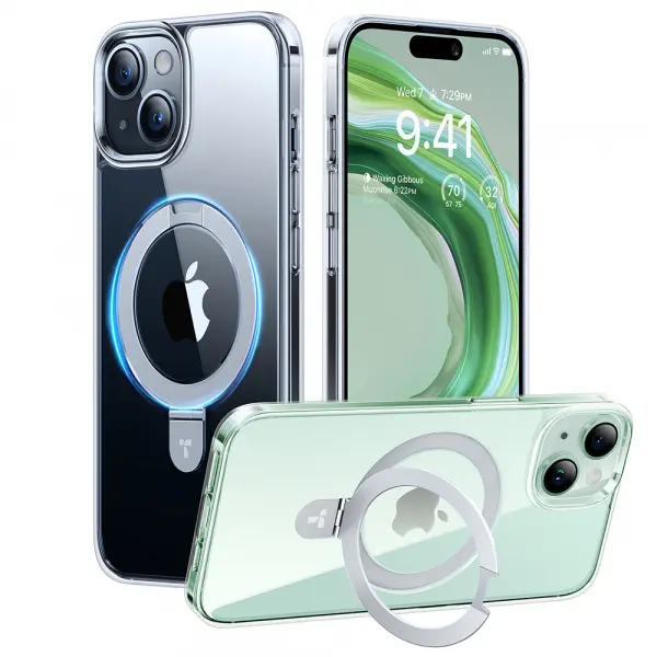 Husa MagSafe pentru Apple iPhone 15, Torras, Ostand, Transparenta