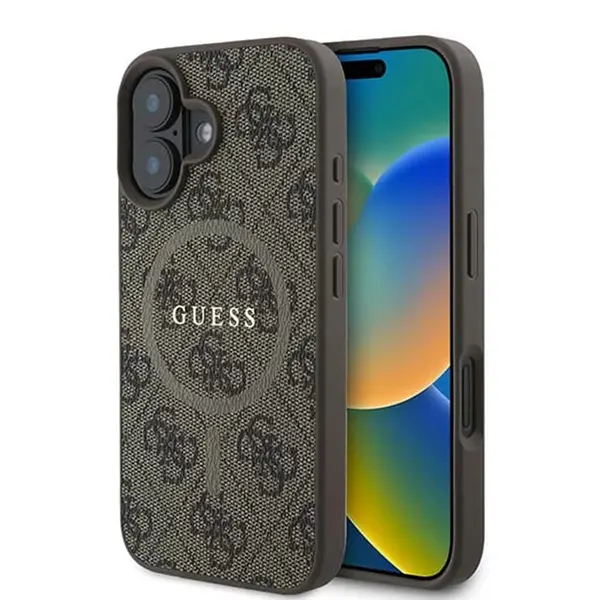 Husa MagSafe pentru Apple iPhone 16, Guess, 4G Ring Classic Logo, Maro