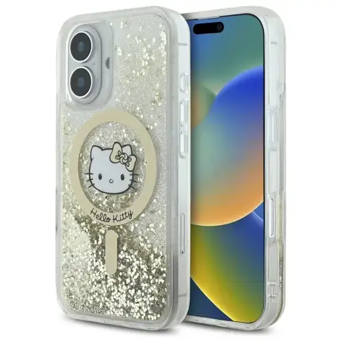 Husa MagSafe pentru Apple iPhone 16, Hello Kitty, Liquid Glitter Fever, Alba Aurie