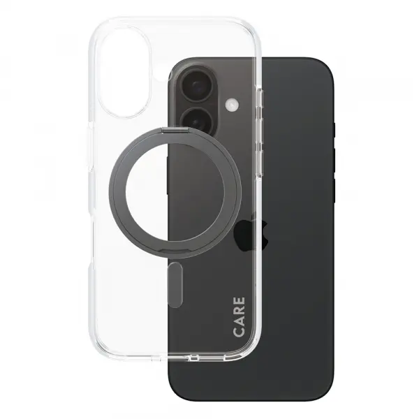 Husa MagSafe pentru Apple iPhone 16, PanzerGlass, Care Feature Kickstand, Transparenta Neagra
