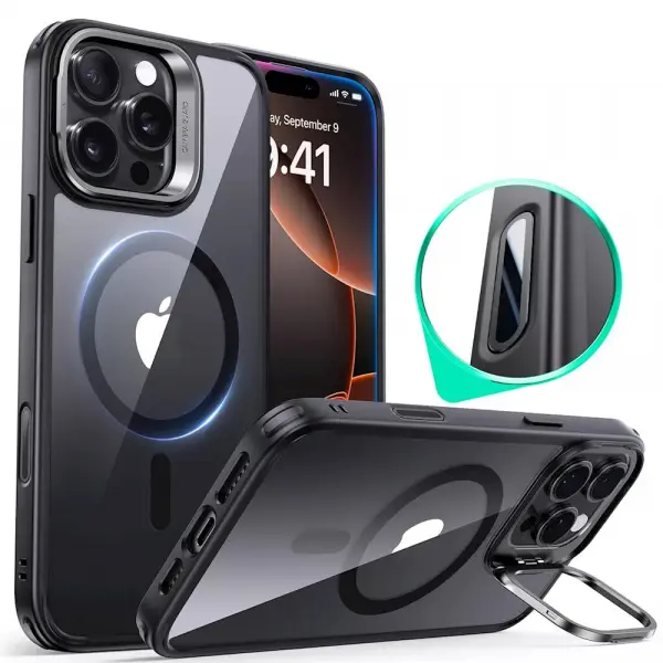 Husa MagSafe pentru Apple iPhone 16 Pro, ESR, Classic Hybrid Kickstand Slide, Neagra Transparenta