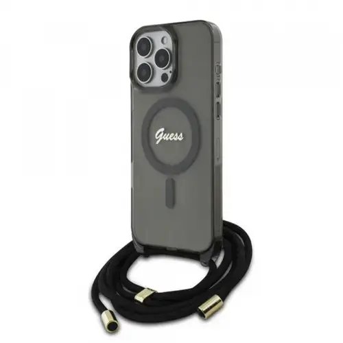 Husa MagSafe pentru Apple iPhone 16 Pro, Guess, IML Crossbody Cord Script, Neagra