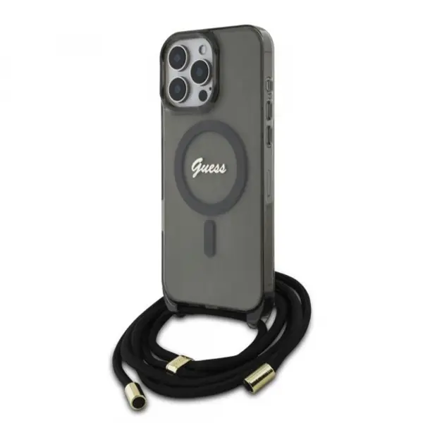 Husa MagSafe pentru Apple iPhone 16 Pro, Guess, IML Crossbody Cord Script, Neagra