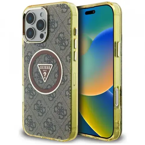 Husa MagSafe pentru Apple iPhone 16 Pro, Guess, IML Glitter 4G Circle Triangle, Maro