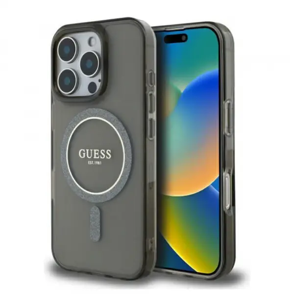 Husa MagSafe pentru Apple iPhone 16 Pro, Guess, IML Glitter Ring, Neagra