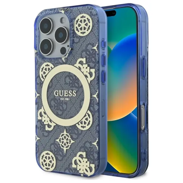 Husa MagSafe pentru Apple iPhone 16 Pro, Guess, IML Peony On 4G Background, Albastra