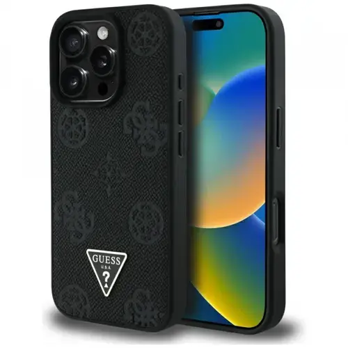 Husa MagSafe pentru Apple iPhone 16 Pro, Guess, Peony Grained Hot Stamp Triangle, Neagra