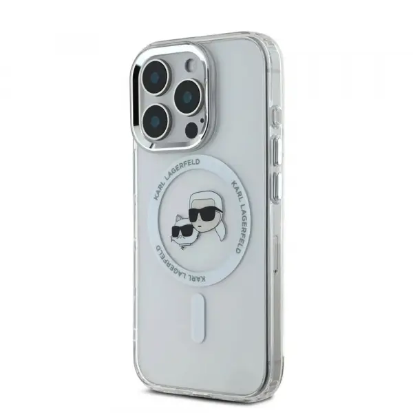 Husa MagSafe pentru Apple iPhone 16 Pro, Karl Lagerfeld, IML Metal Karl & Choupette's Heads, Alba