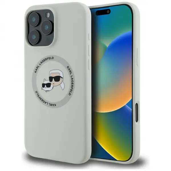 Husa MagSafe pentru Apple iPhone 16 Pro, Karl Lagerfeld, Silicone Karl & Choupette's Heads, Bej