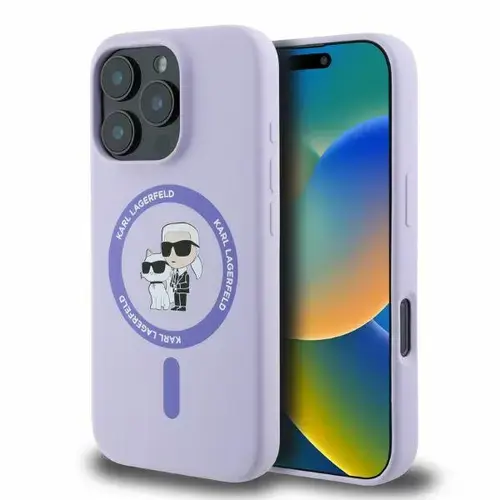 Husa MagSafe pentru Apple iPhone 16 Pro, Karl Lagerfeld, Silicone Ring Karl & Choupette, Mov