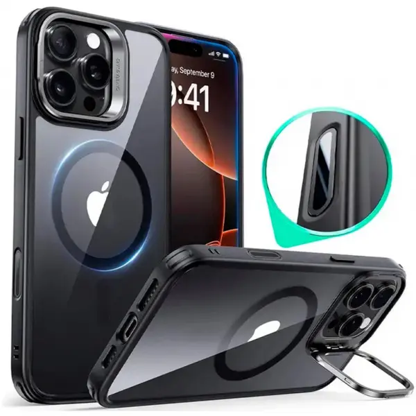 Husa MagSafe pentru Apple iPhone 16 Pro Max, ESR, Classic Hybrid Kickstand Slide, Neagra Transparenta