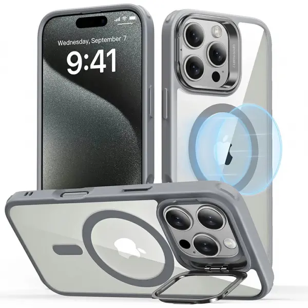 Husa MagSafe pentru Apple iPhone 16 Pro Max, ESR, Classic Hybrid Kickstand, Gri Transparenta