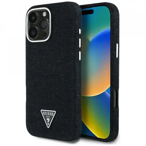Husa MagSafe pentru Apple iPhone 16 Pro Max, Guess, Denim Triangle Logo, Neagra