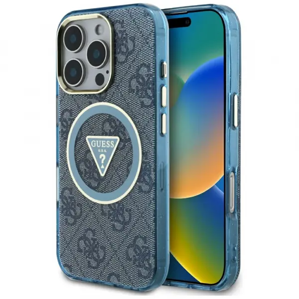 Husa MagSafe pentru Apple iPhone 16 Pro Max, Guess, IML Glitter 4G Circle Triangle, Albastra