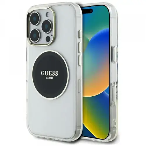 Husa MagSafe pentru Apple iPhone 16 Pro Max, Guess, IML Metal Colored Circle, Neagra