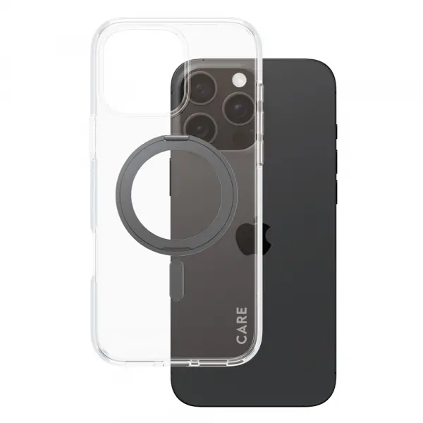 Husa MagSafe pentru Apple iPhone 16 Pro Max, PanzerGlass, Care Feature Kickstand, Transparenta Neagra