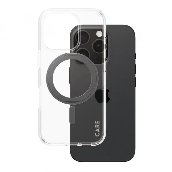 Husa MagSafe pentru Apple iPhone 16 Pro, PanzerGlass, Care Feature Kickstand, Transparenta Neagra