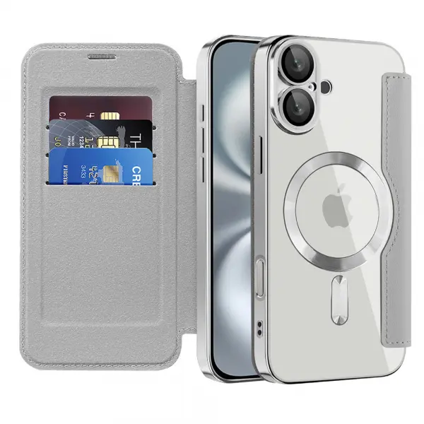 Husa MagSafe pentru Apple iPhone 16, Techsuit, SmartMag Book, Gri