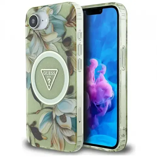 Husa MagSafe pentru Apple iPhone 16e, Guess, IML Metal Glitter Flowers Triangle, Verde