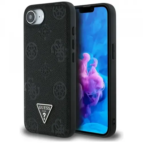 Husa MagSafe pentru Apple iPhone 16e, Guess, Peony Grained Hot Stamp Triangle , Neagra