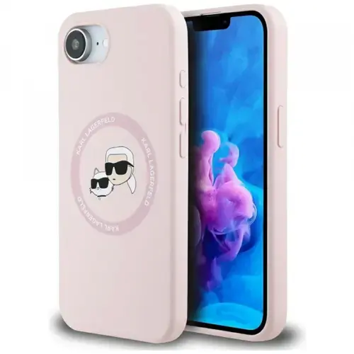 Husa MagSafe pentru Apple iPhone 16e, Karl Lagerfeld, Silicone Karl & Choupette's Heads, Roz