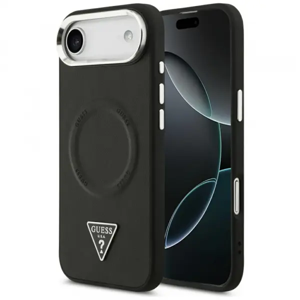 Husa MagSafe pentru Apple iPhone 17 Air, Guess, Triangle Logo, Neagra Argintie