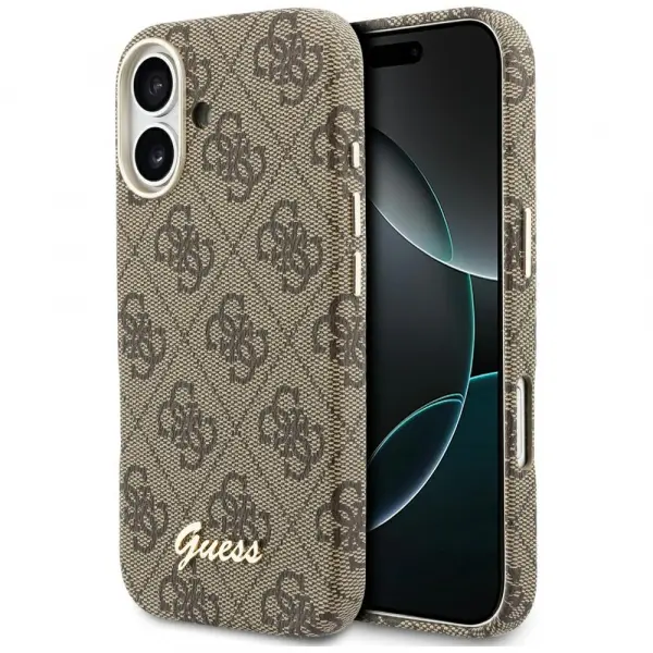 Husa MagSafe pentru Apple iPhone 17, Guess, 4G Script Logo, Maro