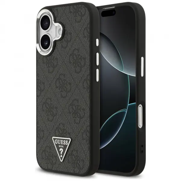 Husa MagSafe pentru Apple iPhone 17, Guess, 4G Triangle Logo, Neagra Argintie