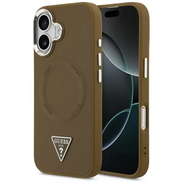 Husa MagSafe pentru Apple iPhone 17, Guess, Triangle Logo, Maro Argintie