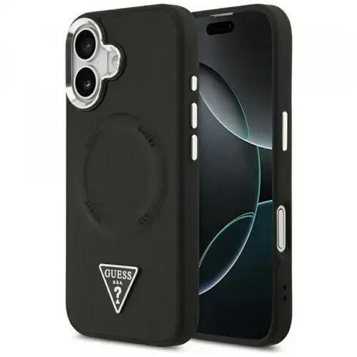 Husa MagSafe pentru Apple iPhone 17, Guess, Triangle Logo, Neagra Argintie
