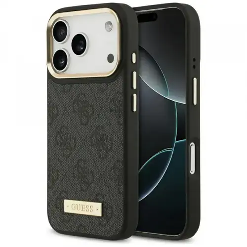 Husa MagSafe pentru Apple iPhone 17 Pro, Guess, 4G Logo Plate, Neagra