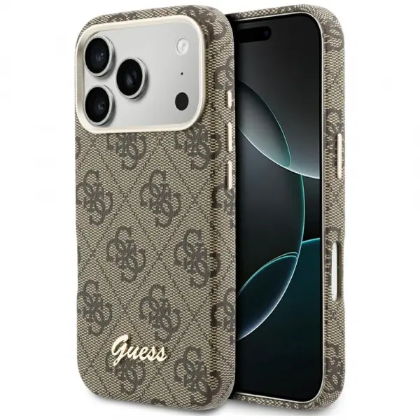 Husa MagSafe pentru Apple iPhone 17 Pro, Guess, 4G Script Logo, Maro