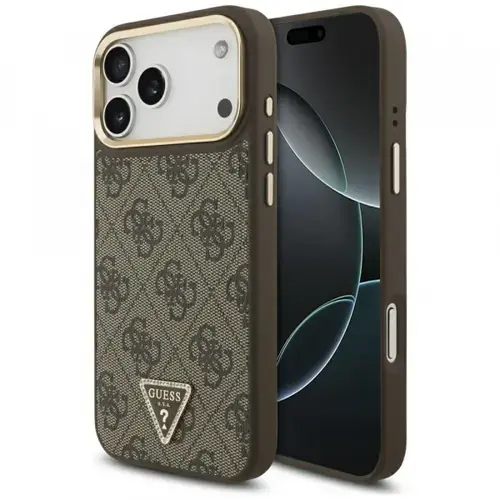 Husa MagSafe pentru Apple iPhone 17 Pro, Guess, 4G Triangle Logo, Maro Aurie