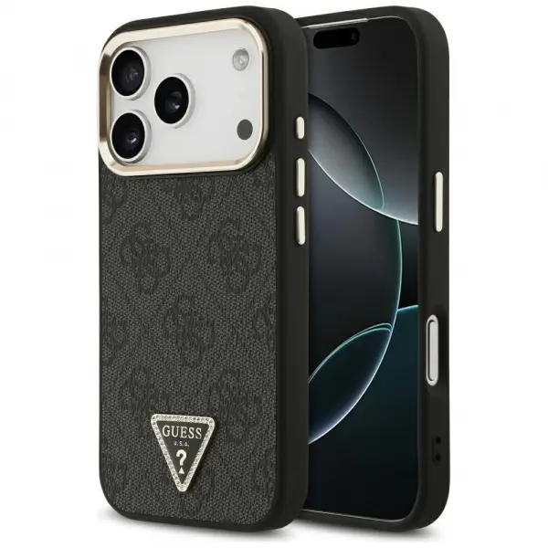 Husa MagSafe pentru Apple iPhone 17 Pro, Guess, 4G Triangle Logo, Neagra Aurie
