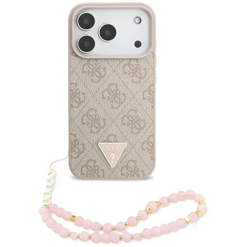 Husa MagSafe pentru Apple iPhone 17 Pro, Guess, 4G Triangle Logo with Pearl Strap, Roz