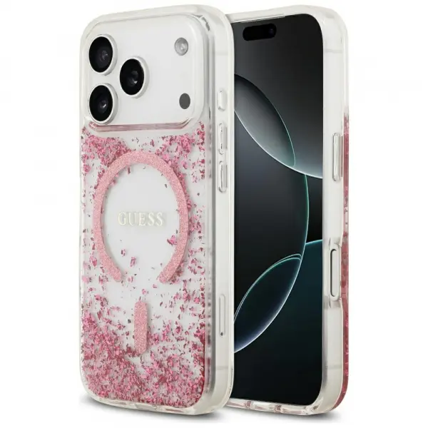 Husa MagSafe pentru Apple iPhone 17 Pro, Guess, Resin Bottom Glitter, Roz