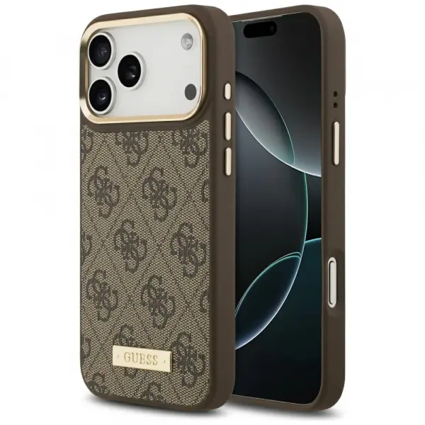 Husa MagSafe pentru Apple iPhone 17 Pro Max, Guess, 4G Logo Plate, Maro